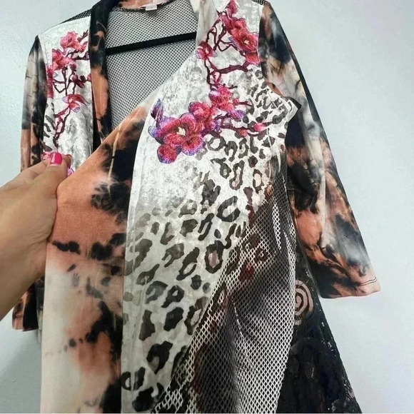 kamana Open Front Cardigan Contrasting Pattern Mesh and Velvet Detail Sz M - Picture 6 of 14